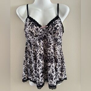 Marilyn Monroe Babydoll Cami Chemise Black Cream Satiny Floral Tank Top Size S